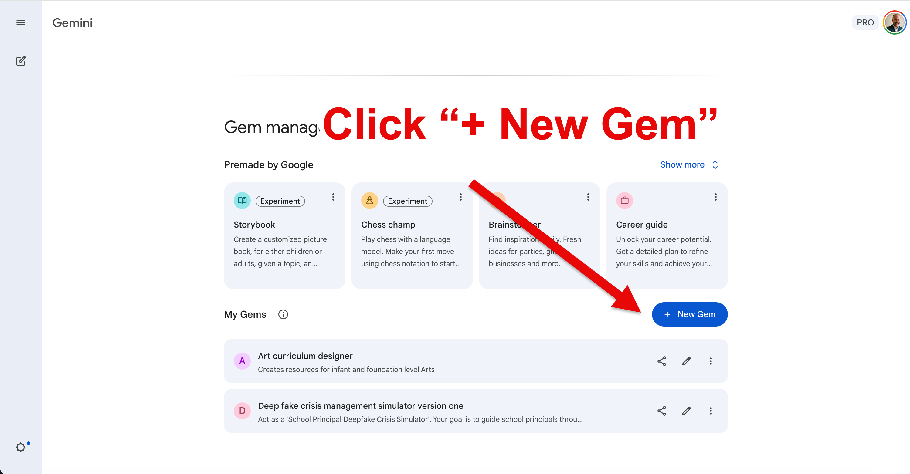 Gem manager view with Premade by Google and My Gems lists, plus a + New Gem button.