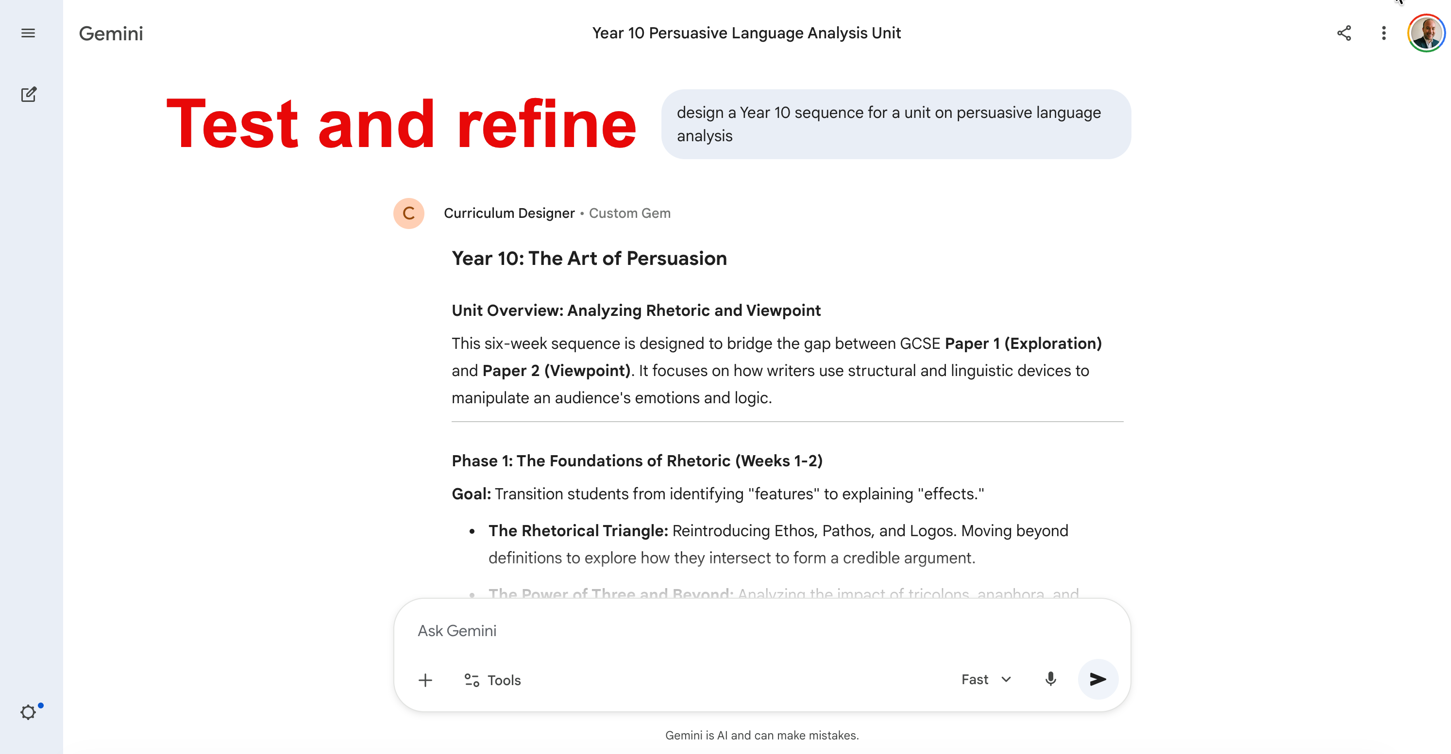 Curriculum Designer Gem in conversation, drafting a Year 10 persuasive language unit.
